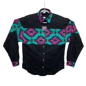 VINTAGE Roughrider by Circle T Western Shirt Womens S Black Long Sleeve Aztec